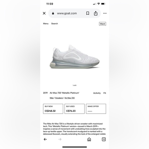 Nike Air Max 720 Metallic Platinum Sneakers - Picture 2 of 6